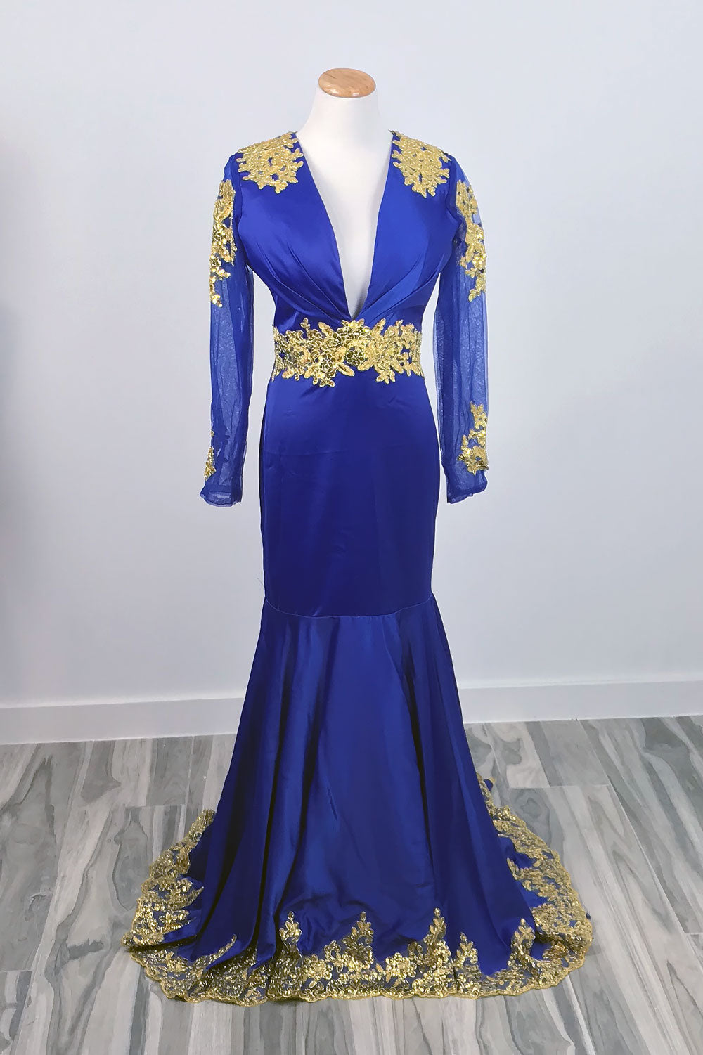 Royal Blue and Gold Mermaid Prom Dress with Open Back