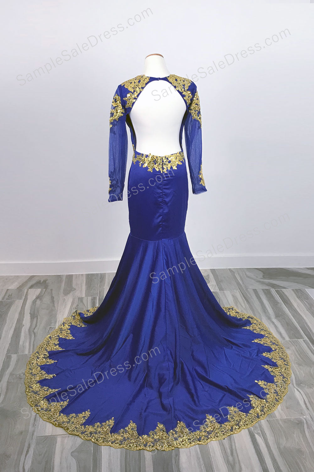 Royal Blue and Gold Mermaid Prom Dress with Open Back