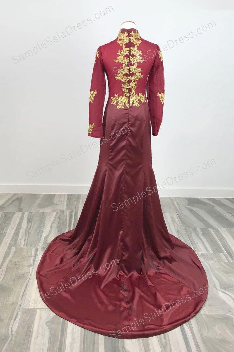 Burgundy Gold Lace Formal Prom Dress with Long Sleeves - Sample Sale Dress 