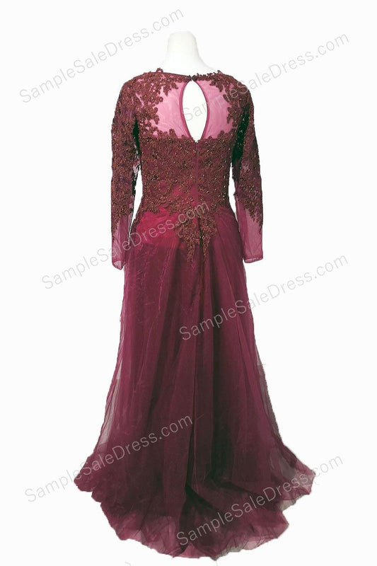 Burgundy Long Formal Dress with Long Sleeves | XH1009 - Sample Sale Dress 