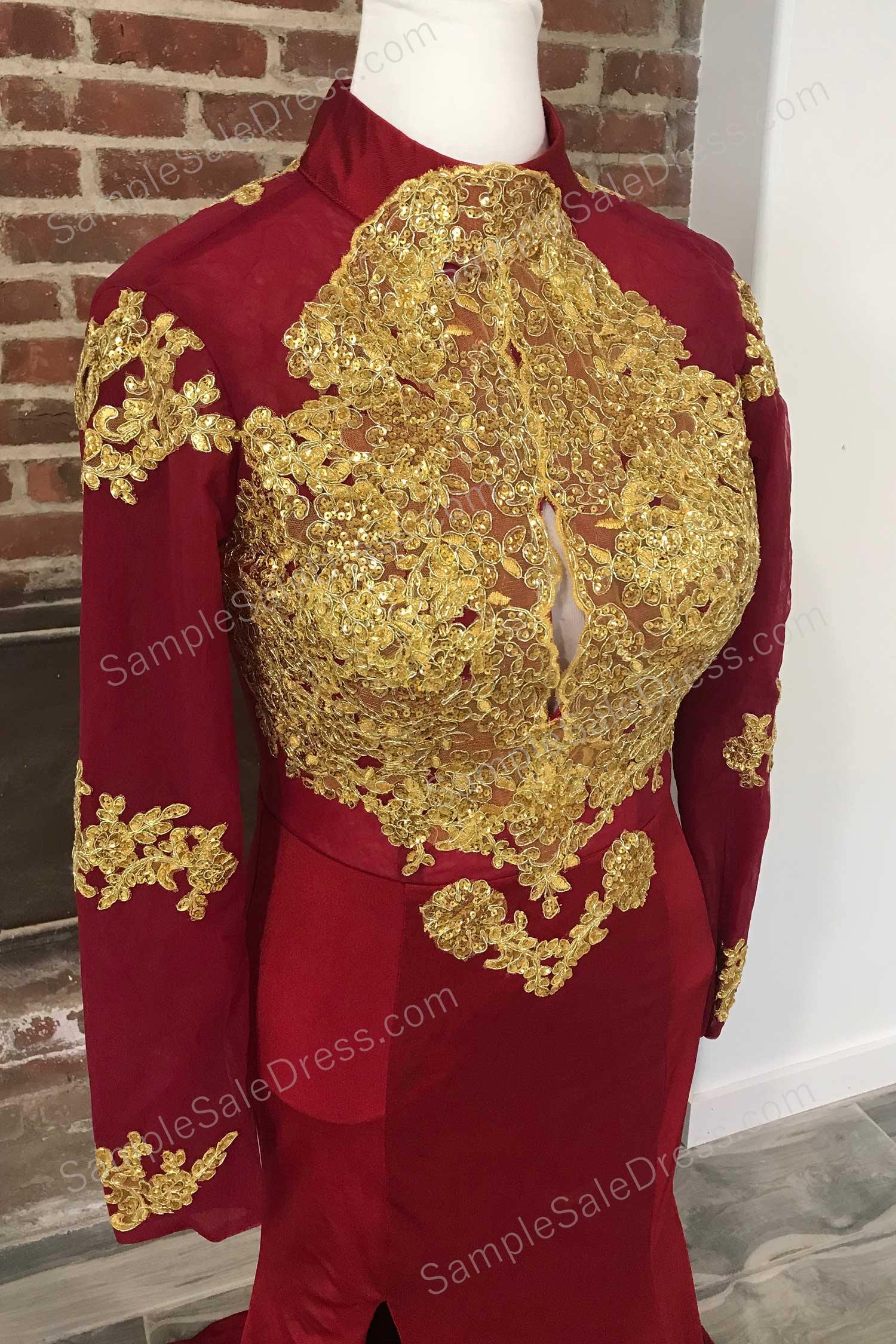 Burgundy Gold Lace Formal Prom Dress with Long Sleeves