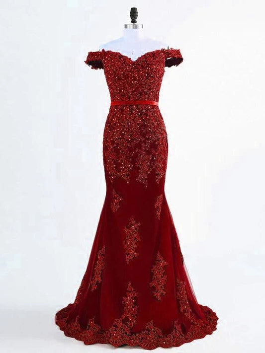 Burgundy Dark Red Lace Mermaid Formal Prom Evening Dress XH1063