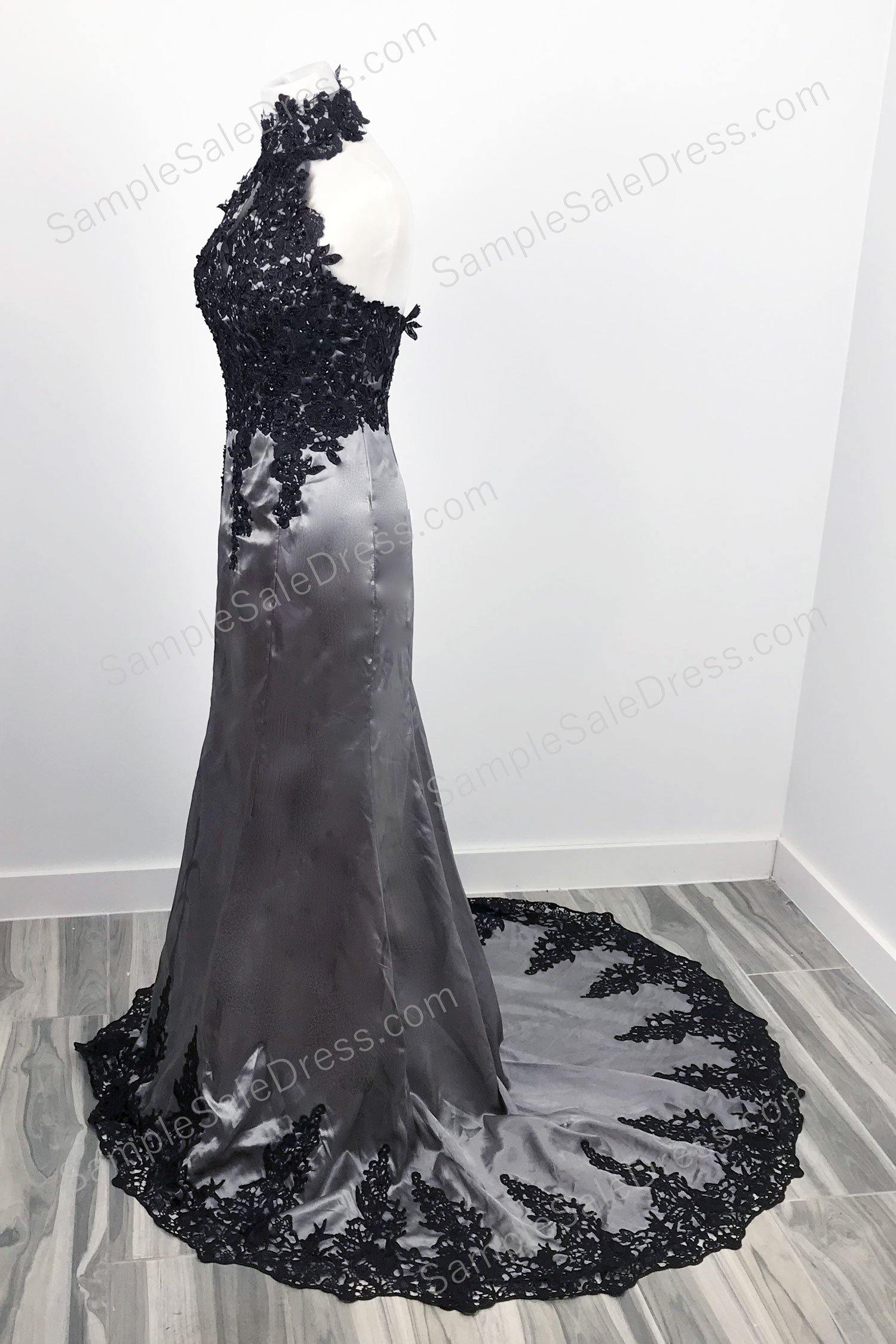 Elegant Black Lace Gray Halter Lace Mermaid Prom Evening Dress