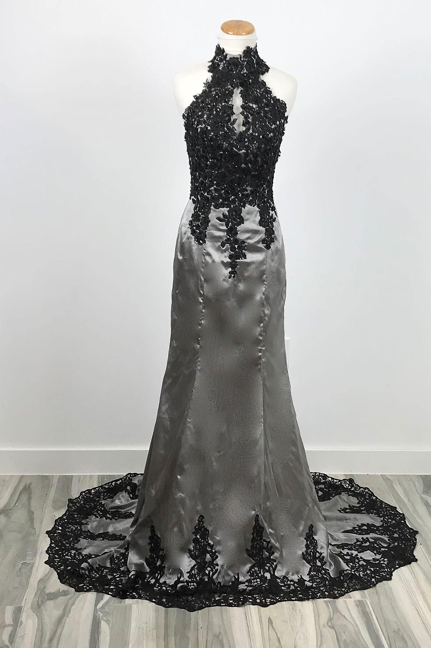 Elegant Black Lace Gray Halter Lace Mermaid Prom Evening Dress