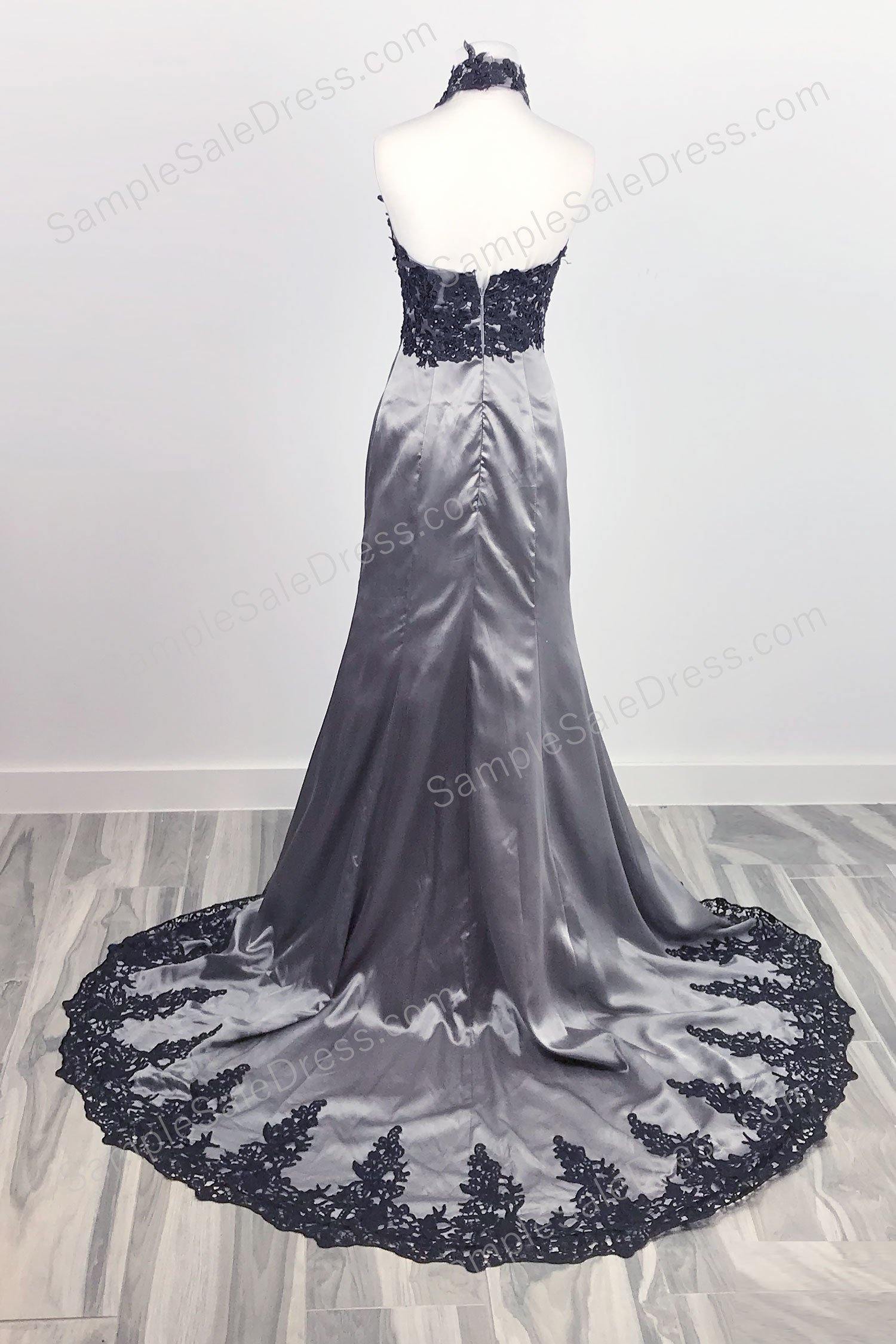 Elegant Black Lace Gray Halter Lace Mermaid Prom Evening Dress