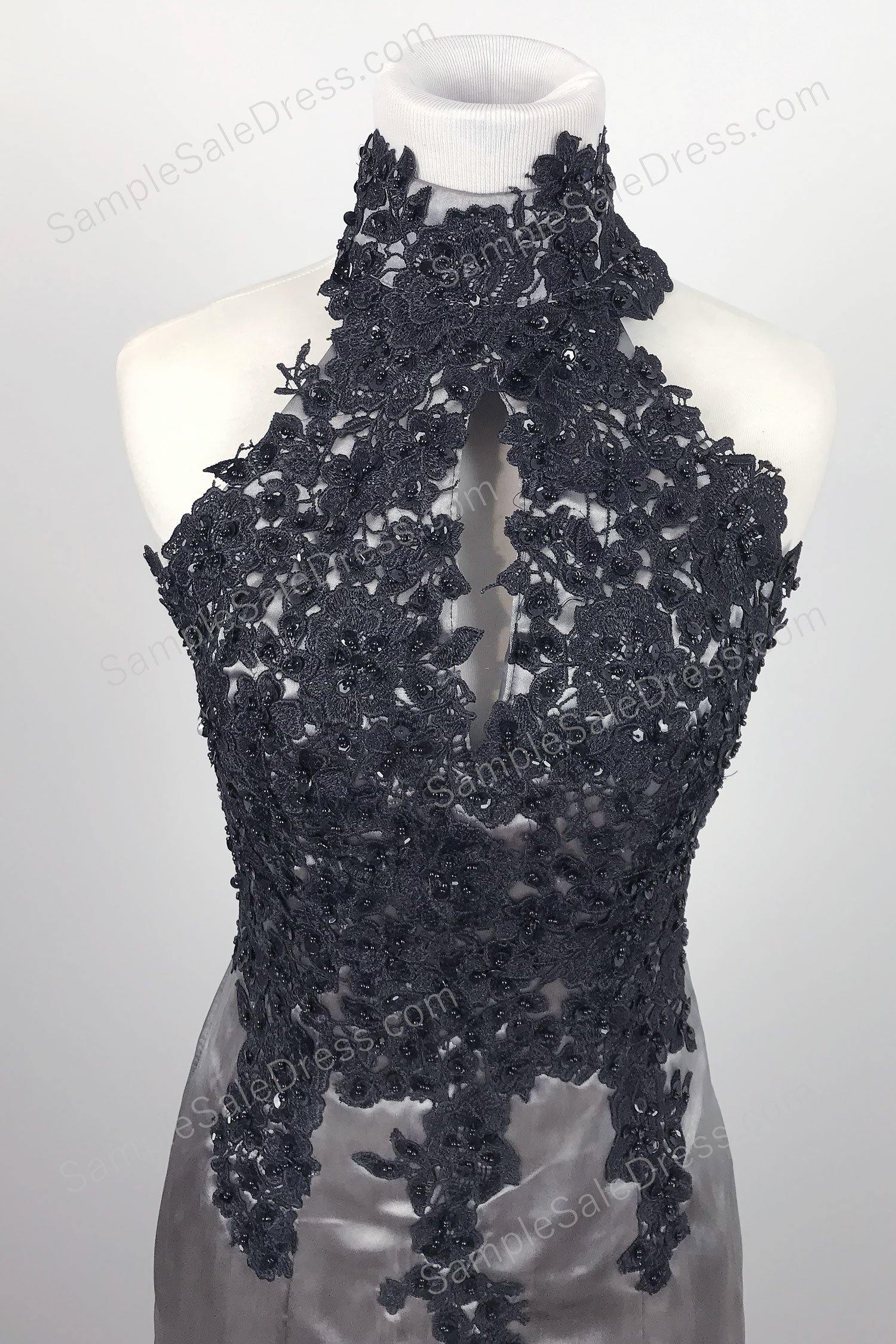 Elegant Black Lace Gray Halter Lace Mermaid Prom Evening Dress