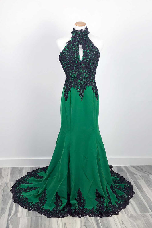 Elegant Black Lace Green Halter Lace Mermaid Prom Evening Dress