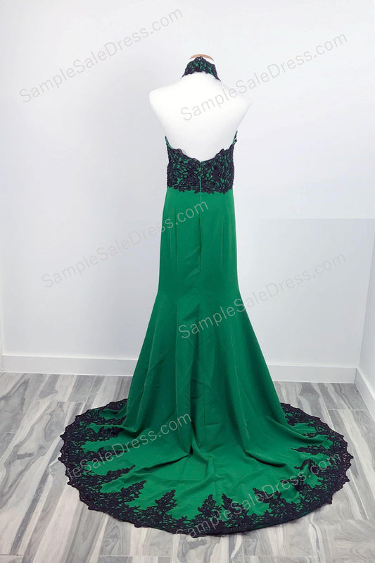 Elegant Black Lace Green Halter Lace Mermaid Prom Evening Dress