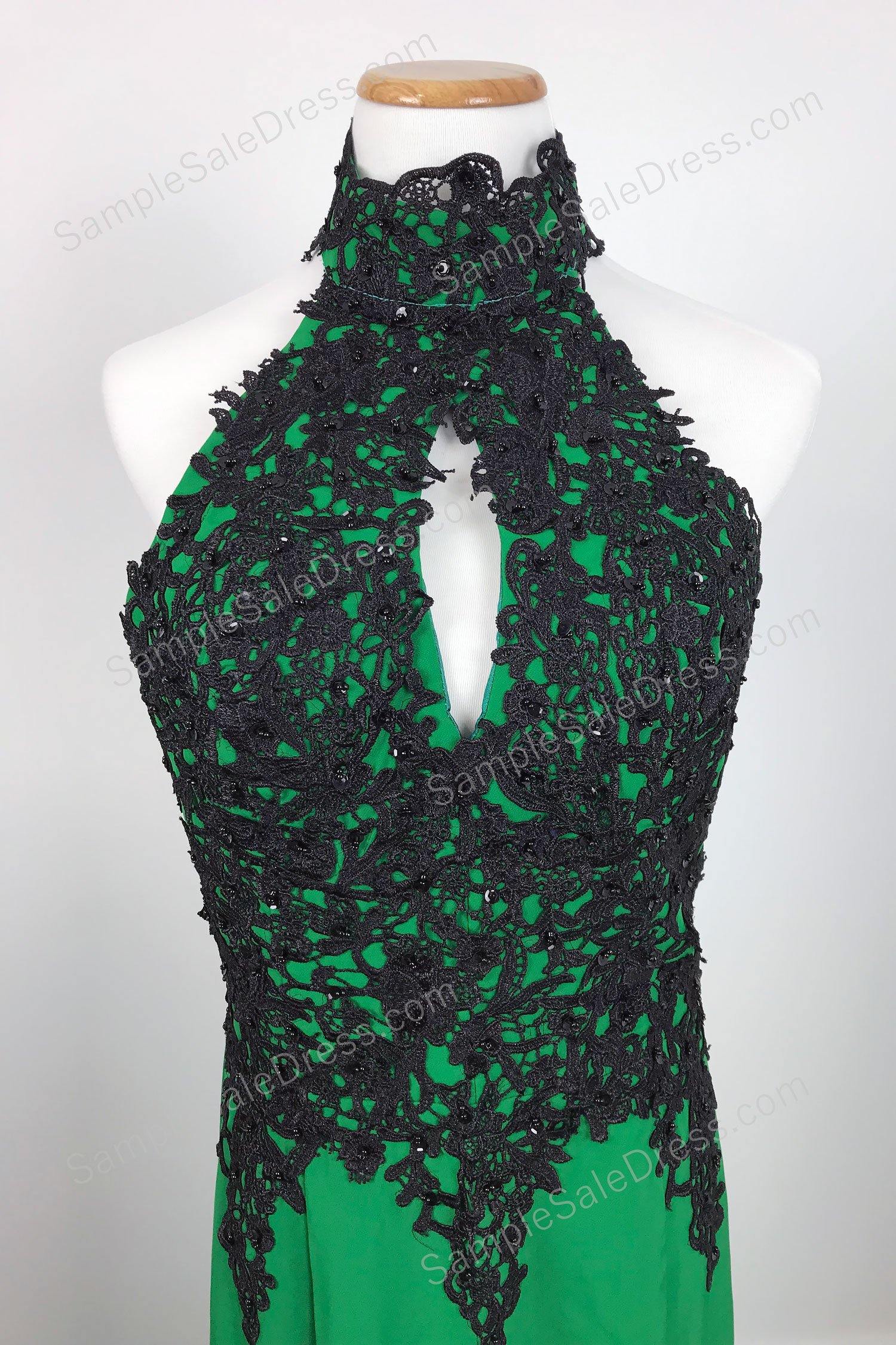 Elegant Black Lace Green Halter Lace Mermaid Prom Evening Dress