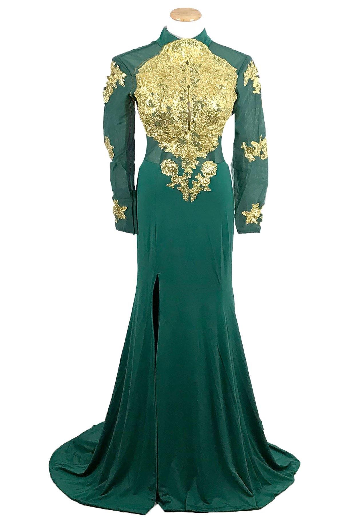 Green Gold Lace Formal Prom Dress with Long Sleeves XH1023 - Sample Sale Dress 