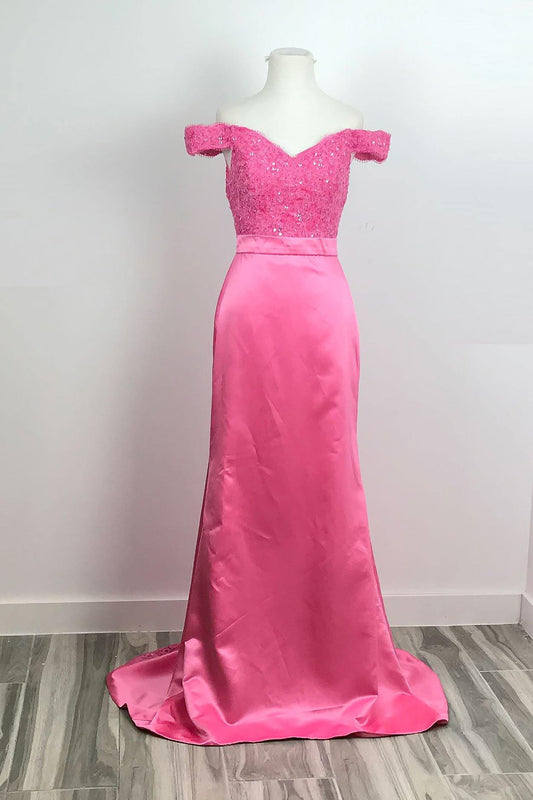 Pink Off the Shoulder Lace Sleek Prom Evening Dress XH1027 - Sample Sale Dress 