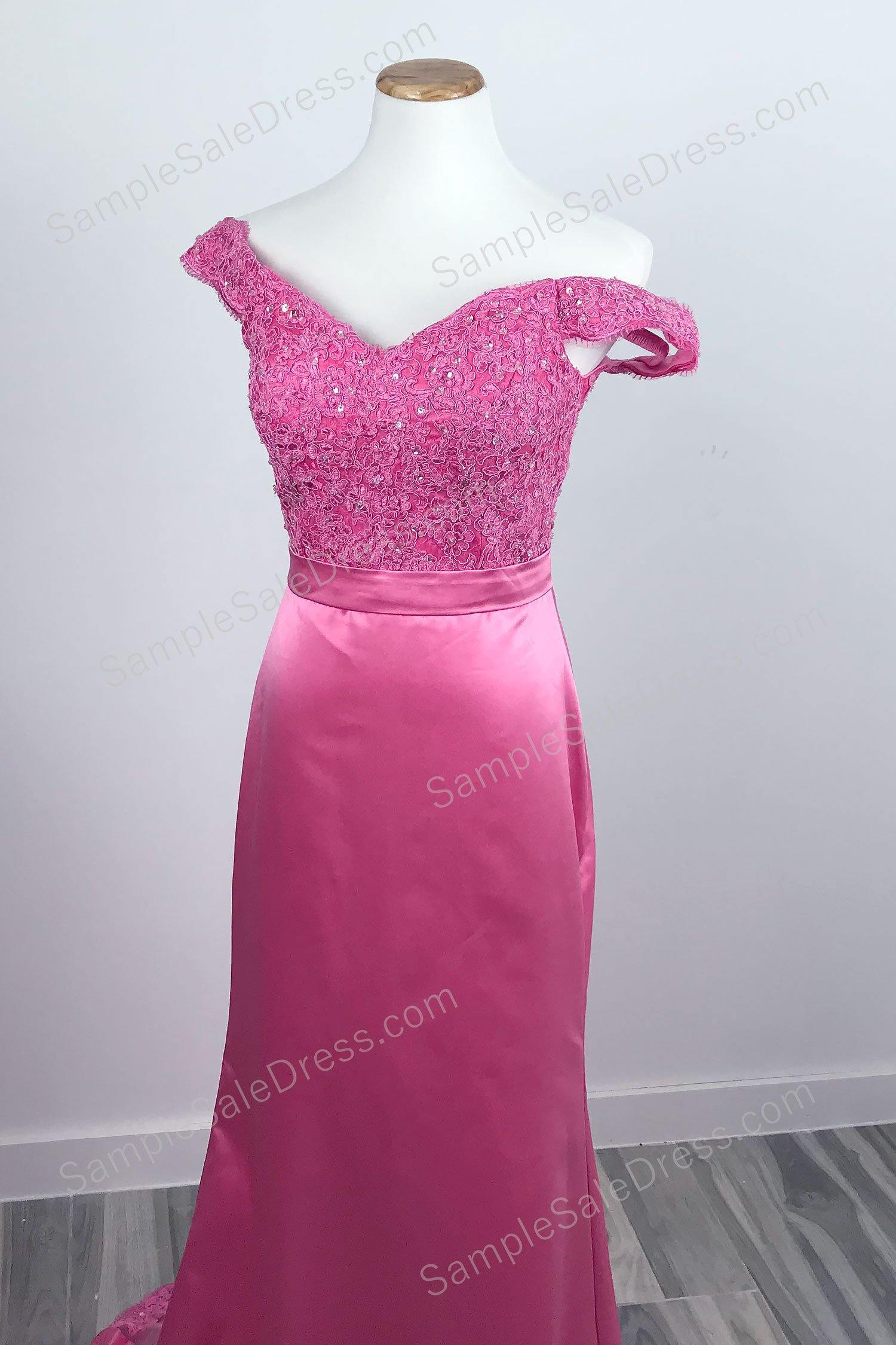 Pink Off the Shoulder Lace Sleek Prom Evening Dress XH1027