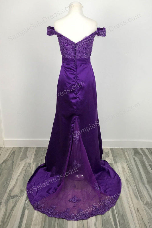 Purple Off the Shoulder Lace Sleek Prom Evening Dress XH1027