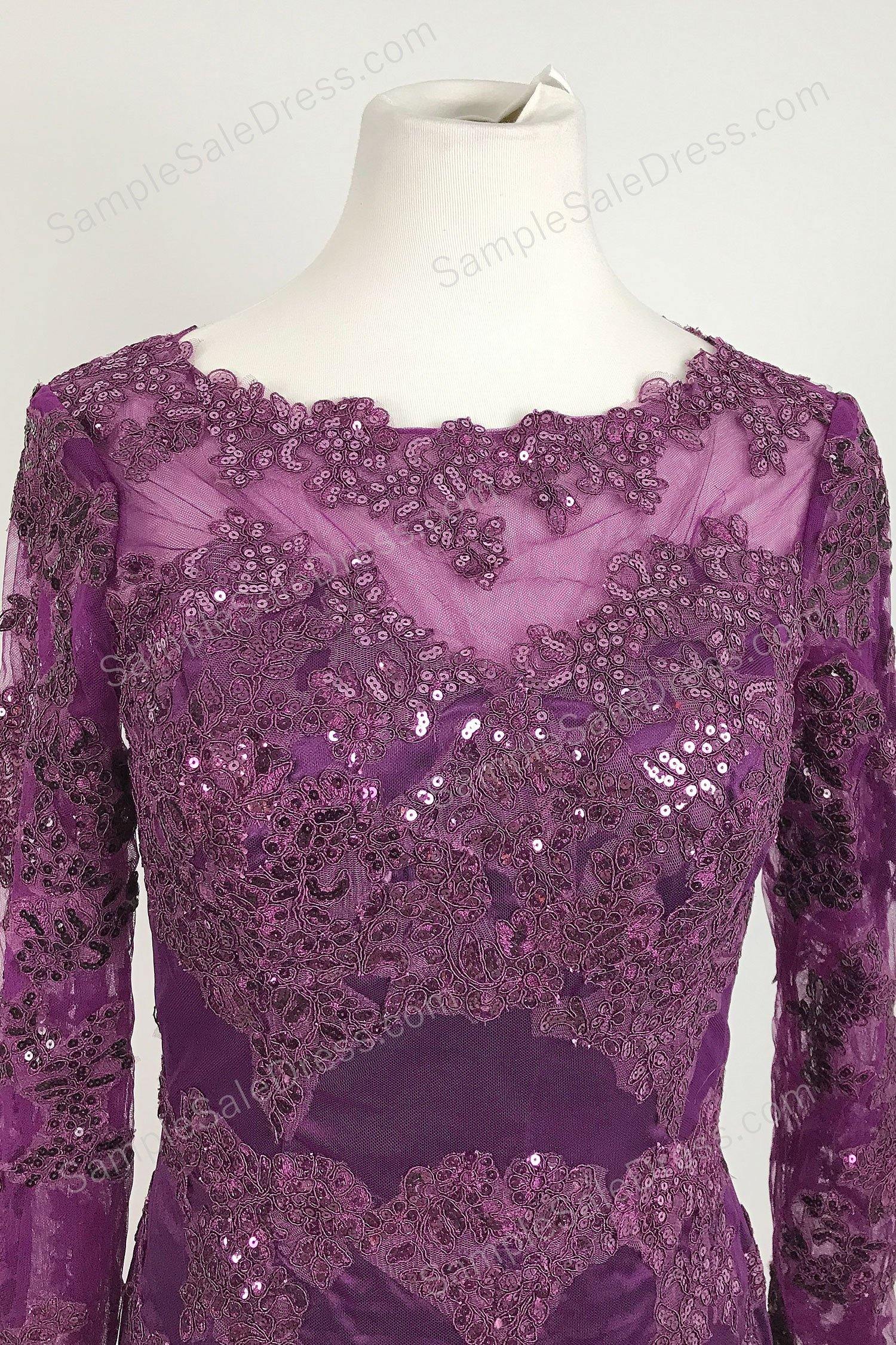 Purple Sequins Lace Long Sleeves Formal Prom Dress XH1032