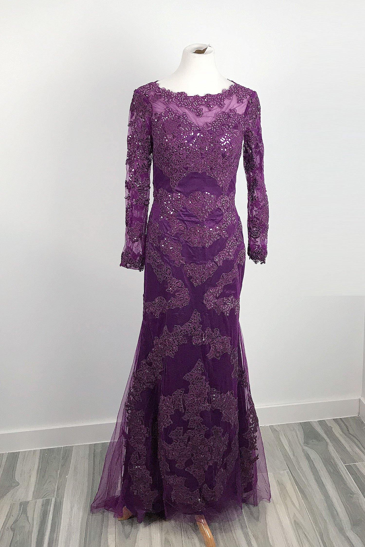 Purple Sequins Lace Long Sleeves Formal Prom Dress XH1032