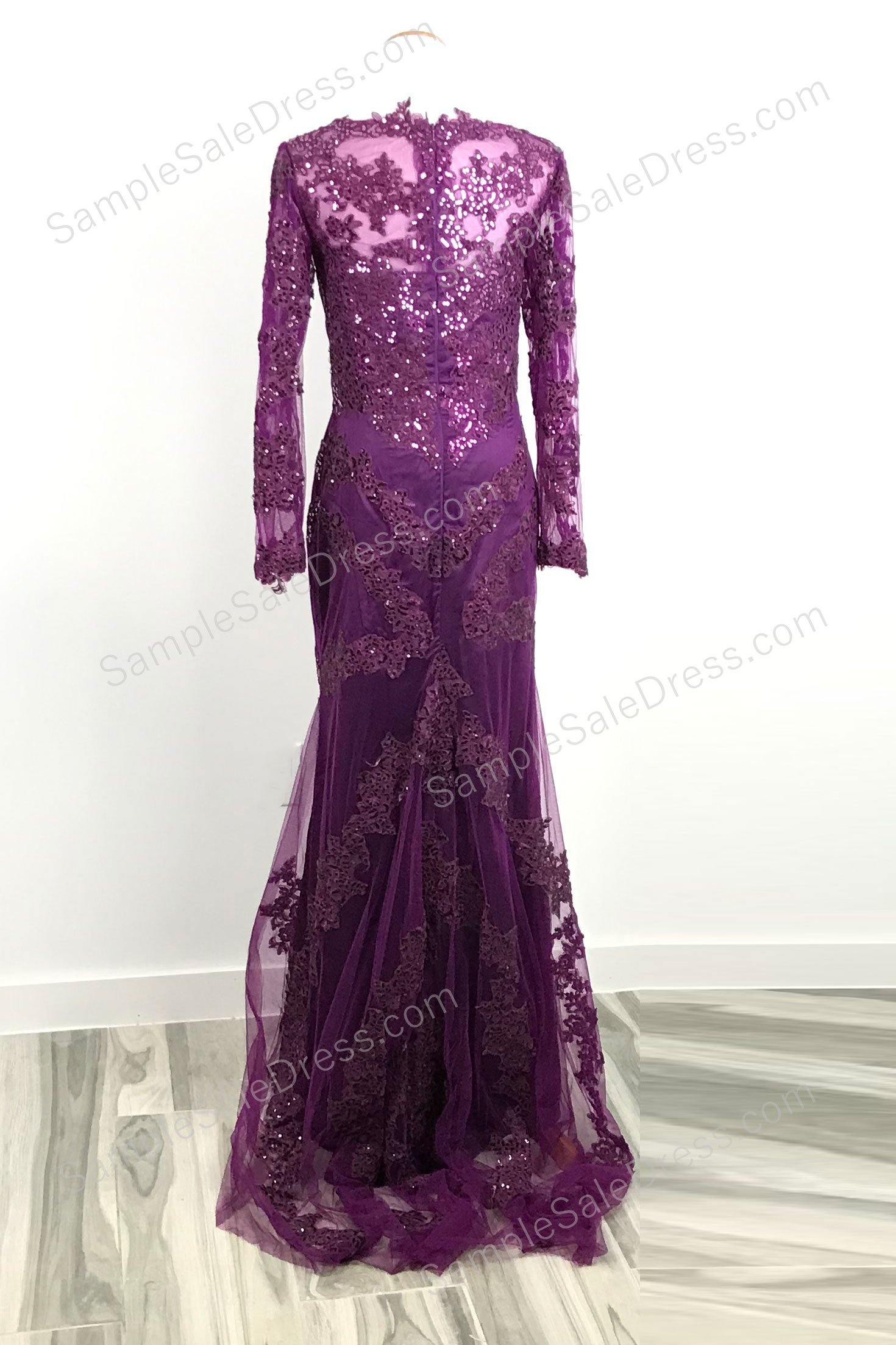 Purple Sequins Lace Long Sleeves Formal Prom Dress XH1032