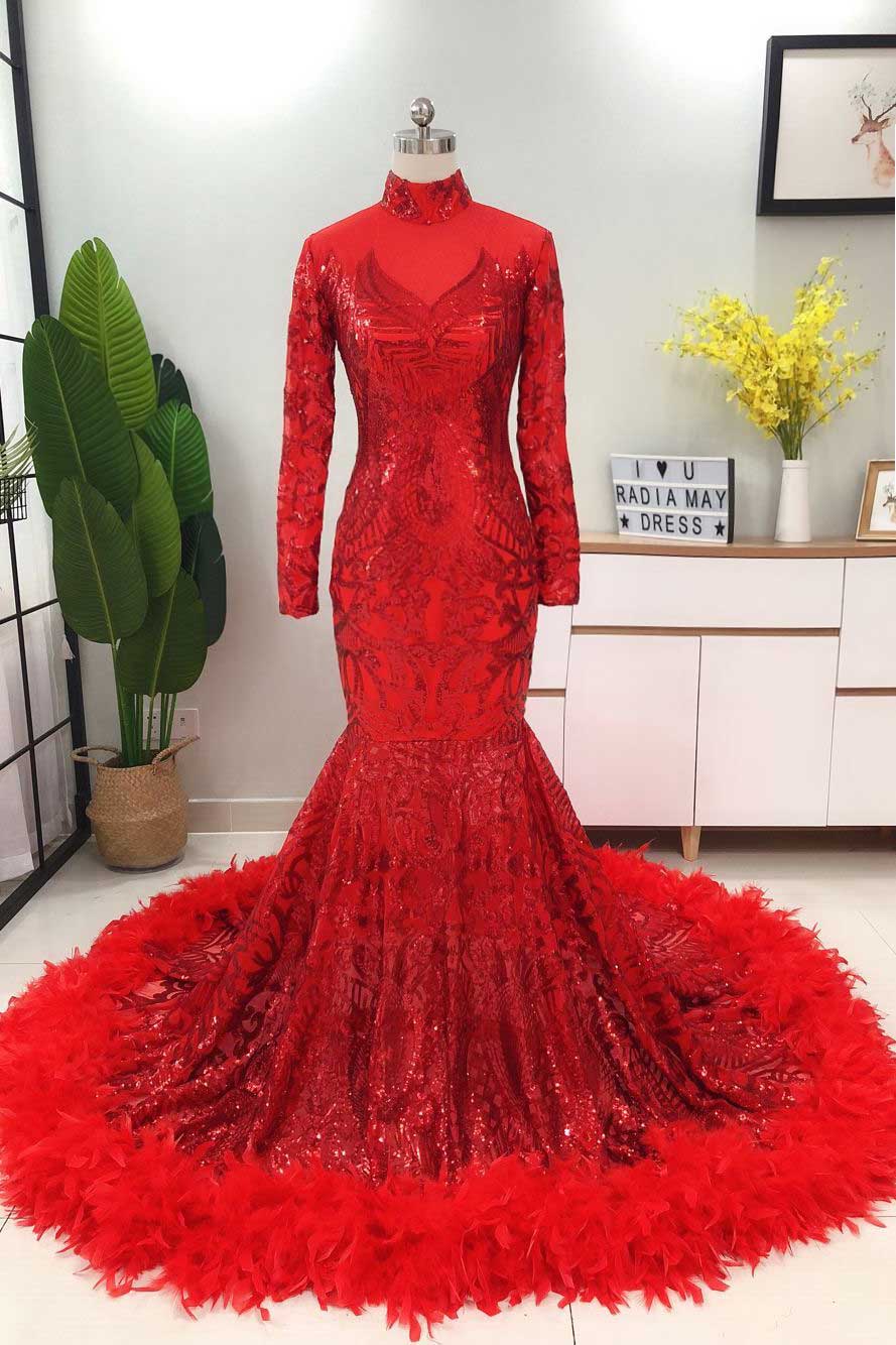 Sparkly Red Maxi Sequins Prom Dress with Feather Skirt Hem