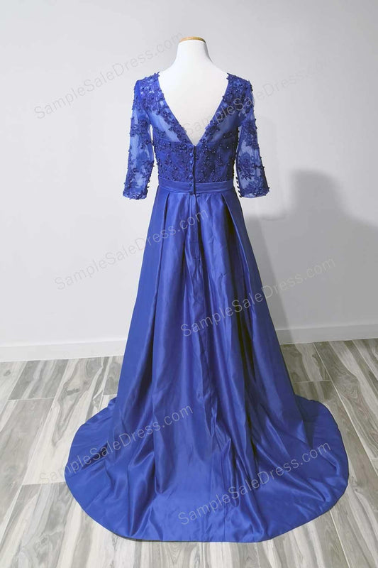 Blue Formal Satin Evening Dress with Half Sleeves