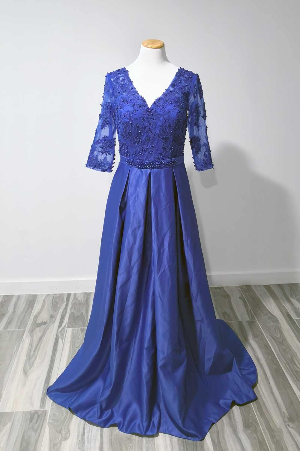 Blue Formal Satin Evening Dress with Half Sleeves