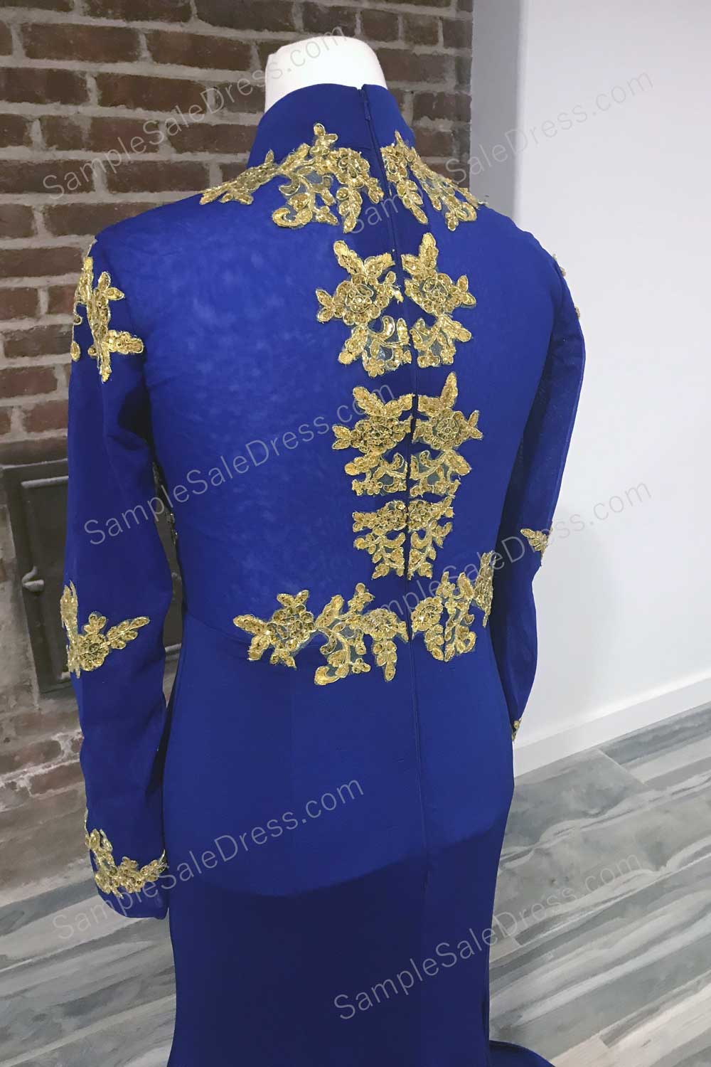 Royal Blue Gold Lace Formal Prom Dress with Long Sleeves - Sample Sale Dress 