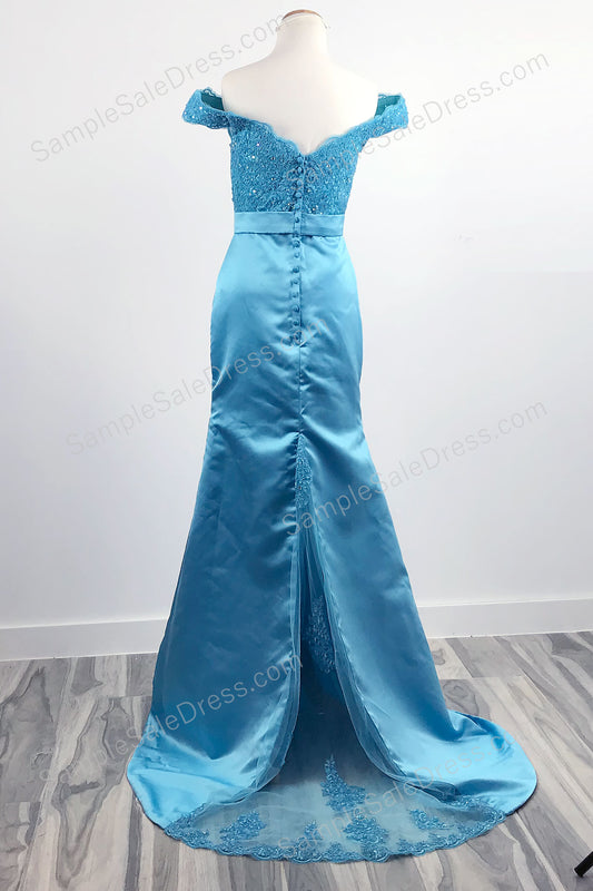 Turquoise Off the Shoulder Lace Sleek Prom Evening Dress - Sample Sale Dress 