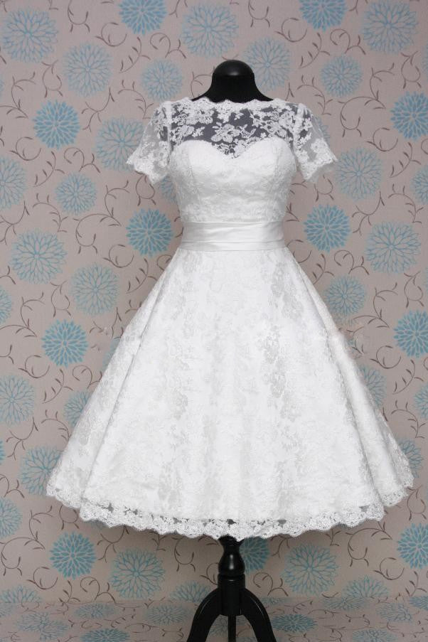 Vintage Style Lace Tea Length Wedding Dress with Short Sleeves - Sample Sale Dress 