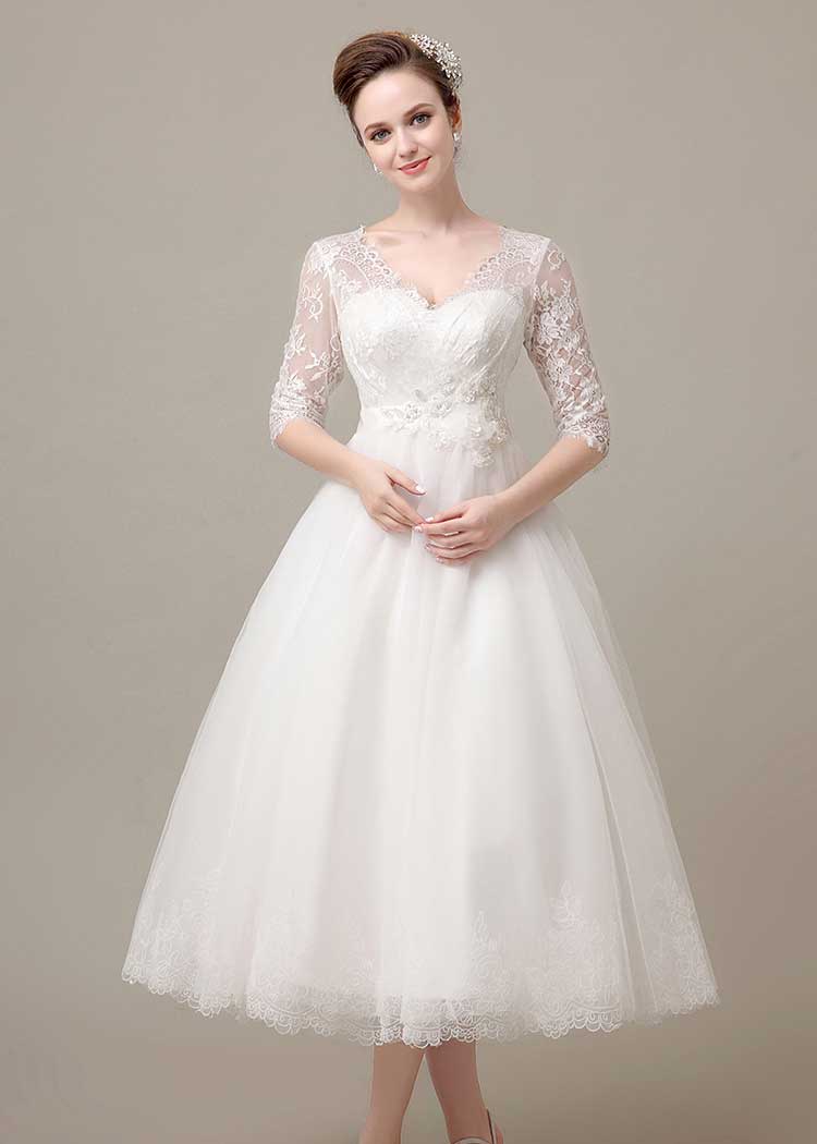 Vintage Style Lace Tea Length Wedding Dress with Sleeves