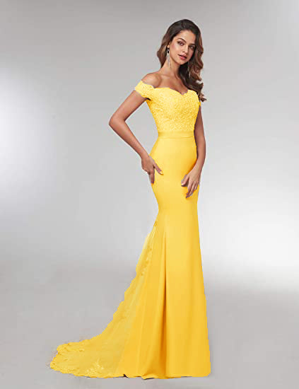 Bright Yellow Off the Shoulder Maxi Lace Prom Evening Dress