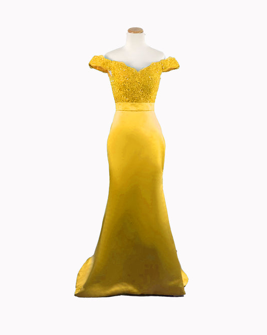 Bright Yellow Off the Shoulder Maxi Lace Prom Evening Dress